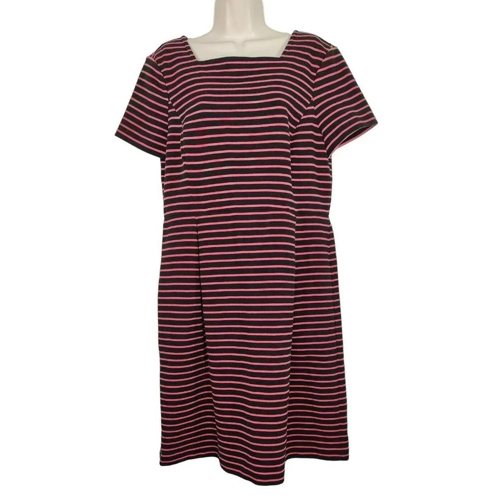 Talbots Dress Pleated Women Size 14 Pink Black Stripe Short Sleeve Square Neck